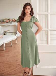 SHEIN Frenchy Đầm dài tay bèo xếp nếp cổ vuông màu trơn cho nữ - Màu xanh Bạc hà - Xem 2