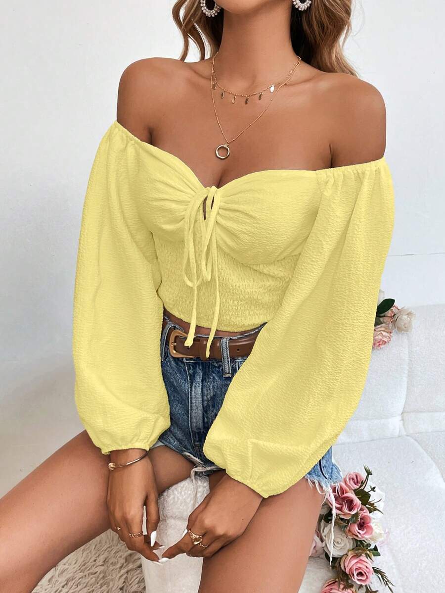 SHEIN VCAY Women's Holiday Solid Color Off-Shoulder Lantern Sleeve Fashionable Blouse - Mustard Yellow - View 1