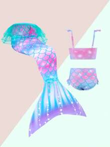 WESTFADE Young 3 pièces/Ensemble Maillots de bain pour toutes petites filles, Imprimé écailles de poisson mignon avec décoration de coquillage, Ensemble bikini queue de sirène