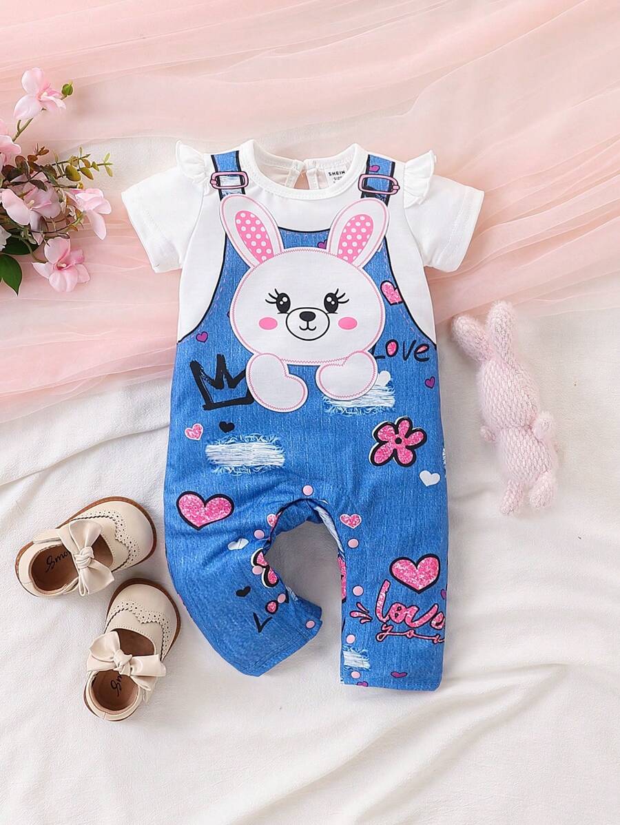 SHEIN Barboteuse d'été mignonne pour bébé fille avec effet denim et empiècement