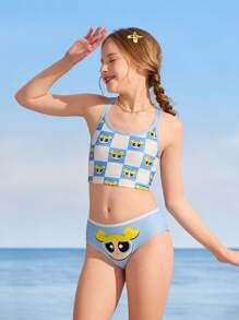 THE POWERPUFF GIRLS X SHEIN Tween Girl Summer Beach Cute Cartoon Bubbles Print Bikini Set - Blue - View 6