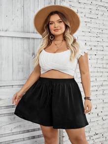 SHEIN CURVE+ Plus - Vacation Leisure - Non-Stretch Shuttle Weaving Texture Apricot A-Line Loose-Fitting Vacation Shorts Boho Vacation