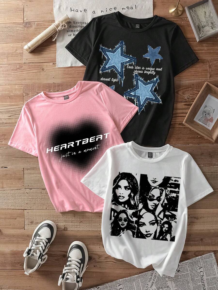 Attitoon 3pcs/Set Streetwear Heart & Star Girls Graphic Print Casual Fitted Crewneck Short Sleeve T-Shirts, Black/White/Pink, Suitable For Summer, Plus Size - Multicolor - View 1