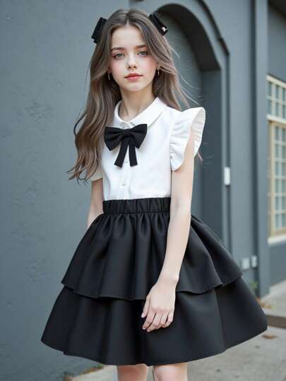 2-częściowy zestaw dla dziewczynek: koszula z rękawami z kokardą i spódnica bufiasta, sukienka księżniczki, na wiosnę i lato