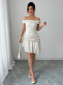 SHEIN Unity Off-Shoulder Ruched Waist Flowy Chiffon Dress, Slimming - Apricot - View 4