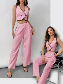 Aveloria Modichic 2pcs Office Lady Elegant Matching Contrast Trim Overlap Button Vest And Contrast Trim Pants Suit 