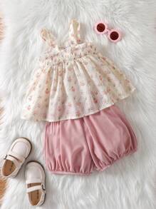 2 Stücke Set für Kleine Mädchen, elegant, im koreanischen Stil, mit Blumenmuster, Leibchen und Shorts