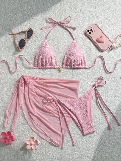 Swim Mod Set de 3 piezas de traje de baño de vacaciones de verano en la playa con parte superior tipo halter con textura floral y decoración de flores doradas, pantalones cortos con lazo lateral y minifalda de malla sólida, conjunto de ropa de primavera