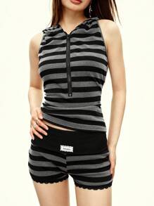 Rina Fox Vintage Striped Hooded Sleeveless Shorts Set