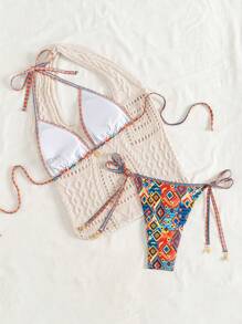 SHEIN Swim Conjunto de bikini de playa nuevo para mujer, conjunto de bikini con estampado geométrico de contraste de color y cordón, con dije premium de metal