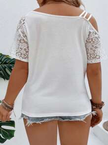 INAWLY Plus Size Asymmetrical Lace Collar Short Sleeve Leopard And Heart Print Casual T-Shirt, Spring/Summer