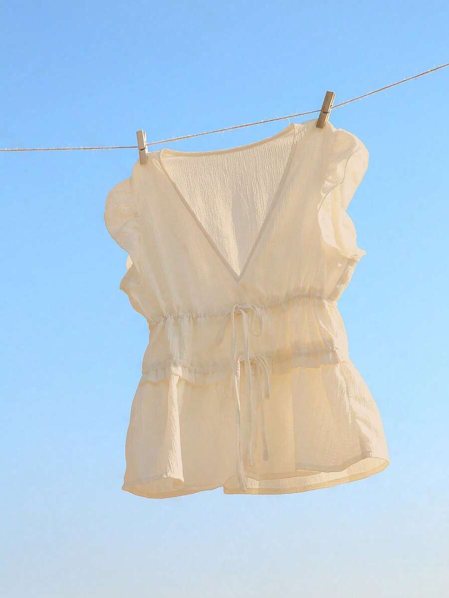 Elamini Women's Casual Solid Color Drawstring Waist Shirt, Summer - Apricot - View 1