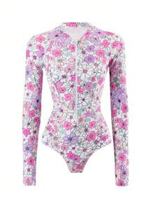 Swim SPRTY Printed Random High Collar Long Sleeve Pleated Zipper Rashguard - Multicolor - View 4