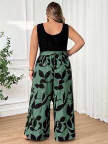SHEIN CURVE+ Plus Size Women's Belt Printed Patchwork Casual Jumpsuit, Summerbeach Outfits For Woman/Beach Dress/Beach Vacation Outfits/Beach Essentials / Graduation/Tea Party Dress