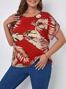 SHEIN LUNE 大码女式热带植物印花圆领短袖休闲衬衫 - 紅色 - 查看 4