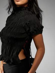 MISSGUIDED Smocked High Neck Crop Top Summer Puff Sleeve Fashion Blouse Side Tie Short Women Casual Party Evening Ruffle Hem Shirred Top Festival