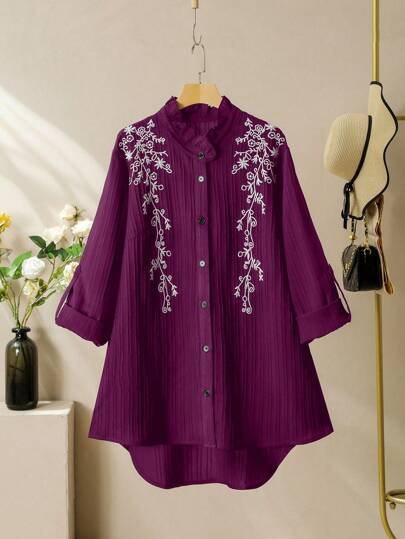 SHEIN Lacomfia Plus Size Women Embroidered Long Sleeve Loose Casual Blouse Fall Cloth For Women