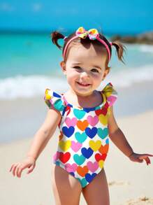 SHEIN Baby Girls' Casual Minimalist Fitted One-Piece Swimsuit, Suitable For Summer - Multicolor - View 5