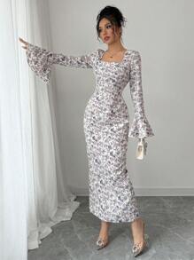 Modelyn Robe moulante à manches longues avec imprimé tissé violet pour femmes - Prune - Voir 5