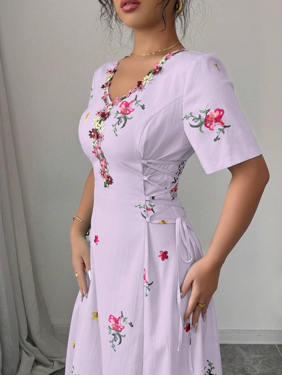 Al Najma Women's Floral Embroidery V-Neck Short Sleeve Side Tie Waist Elegant Arabic Style Dress - Purple - View 1