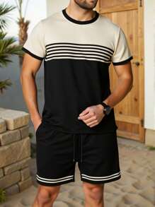 Manfinity Homme Men's Solid Color Patchwork Round Neck Short Sleeve Casual Top And Shorts Set - Multicolor - View 3