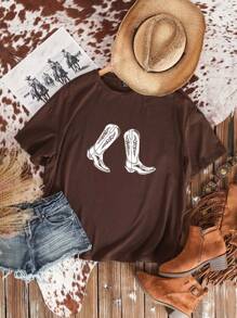 SHEIN EZwear Oversized Western Cowboy Boot Print Round Neck Short Sleeve Loose T-Shirt, Casual Pullover Tee For Women, Suitable For Summer, Nomadic Style