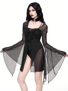 ROMWE Gothic Dark Bat Design Kimono Cover Up For Women - Black - View 3