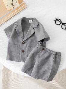 SHEIN 2pcs Baby Boy/Girl Casual Simple Solid Color Short Sleeve Blazer Jacket And Elastic Waist Shorts Set, Suitable For Summer