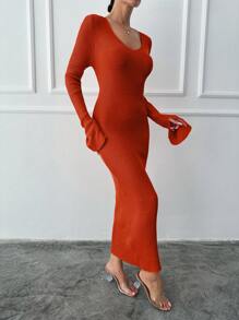 SHEIN Cottnline V-neck Ribbed Knit Sweater Dress With Flared Sleeves - Red - View 6