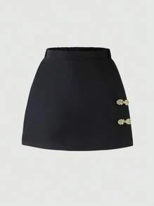 Girls' Elegant Urban Commute School Style Gold 3D Button Fitted Mini Skort Shorts - Black - View 3