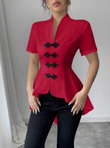 Elenzga 女士泳衣，正面采用纽扣设计且下摆不对称，休闲衬衫款式 - 紅色 - 查看 6