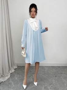 Elenzga Women Solid Color Lace-Up Sleeve Elegant Dress - Mint Blue - View 4