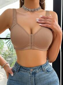 Front Clasp Women Bra Top With Cup Holder - Khaki - View 3