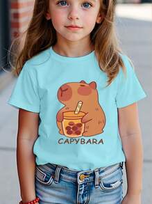 Camiseta de manga corta con gráfico de letras de Capibara, informal y cómoda para niña preadolescente, para primavera/verano - Azul - Ver 1
