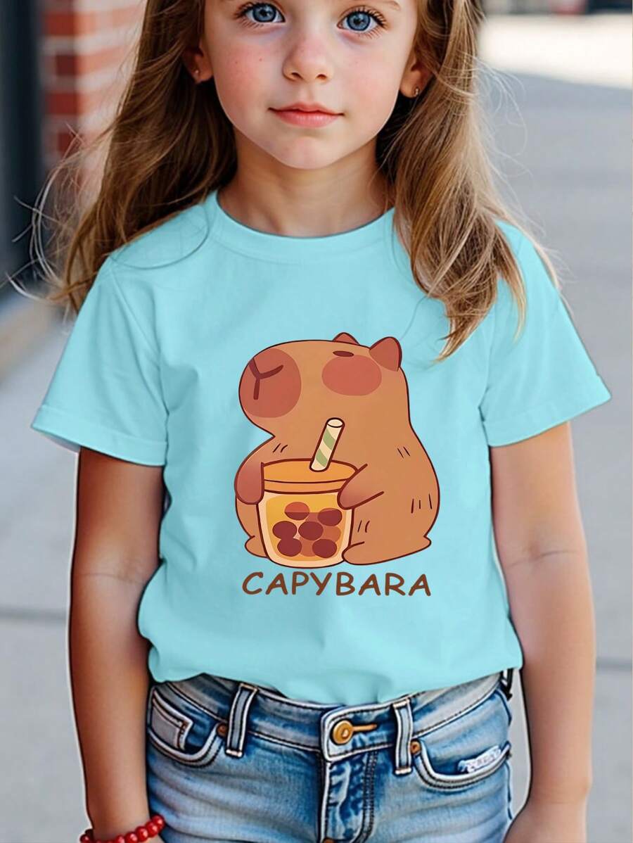 Camiseta de manga corta con gráfico de letras de Capibara, informal y cómoda para niña preadolescente, para primavera/verano - Azul - Ver 1