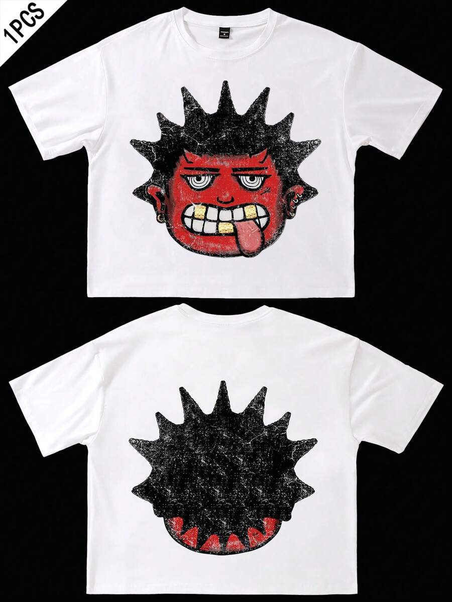 Manfinity EMRG Men Street Style Oversized Funny Cartoon Pattern Textured Red Graphic Print Loose Fit White Short Sleeve T-Shirt, For Rapper, For Going Out - White - View 1