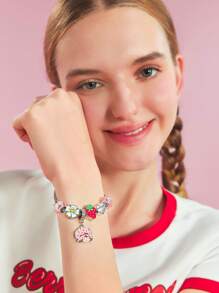 Strawberry Shortcake X SHEIN Silver Alloy Pendant Bracelet With Flower, Heart, Cute Designs, Suitable For Daily Wear,Gift Ideas,Valentine's Day, Summer / Spring ,Beach, Vacation - Multicolor - View 5