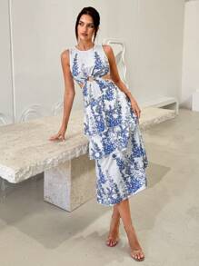 SHEIN VCAY Summer Holiday White And Blue Floral Women's Dress,Boho Casual Waist Hollowed Out Multi-Layer Ruffled Bottom,Tea Party Wedding Music Festival Dress - Multicolor - View 7
