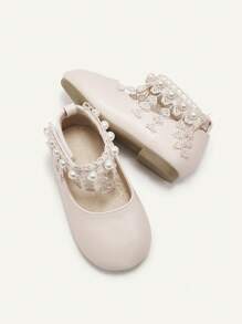 Cozy Pixies Fashionable Versatile Wedding Season Princess Lace & Pearl Soft Bottom Baby Girl Pink Flats, Spring/Summer - Pink - View 3