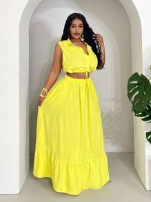 Slaydiva 2 件套大码女式无袖短款上衣和 A 字裙套装，通勤装 2025 年新品 - 黃色 - 查看 3