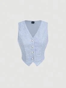 SHEIN MOD Conjunto de traje elegante para mujer que incluye: chaleco blazer azul, pantalón de pierna recta