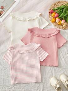 Genkimix Kids Young Girl Casual Versatile Peter Pan Collar Short Sleeve T-Shirt, Summer