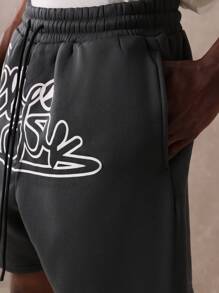 SUMWON 运动低裆训练短裤舒适弹力健身跑步都市风格家居服运动休闲运动服带标志罗纹设计 - 深灰色 - 查看 7