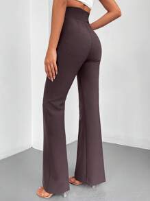 EURMUSE Solid Flare Leg Pants - Brown - View 2