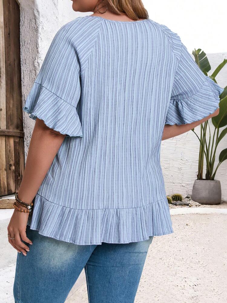 Women Plus Size Striped Round Neck Puff Sleeve Loose Blouse