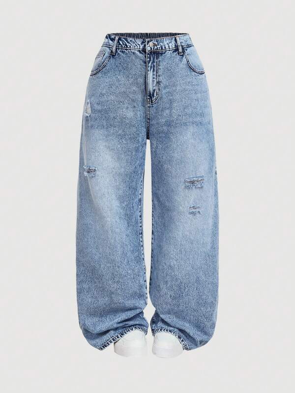 SHEIN MOD Plus Size Gray Ripped Straight Leg Casual Jeans