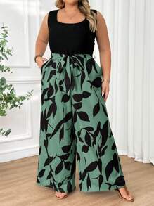 SHEIN CURVE+ Plus Size Women's Belt Printed Patchwork Casual Jumpsuit, Summerbeach Outfits For Woman/Beach Dress/Beach Vacation Outfits/Beach Essentials / Graduation/Tea Party Dress