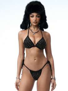 Swim EVENT Set de 2 piezas de traje de baño de mujer, top halter con cristales negros y Bottom con lazos laterales, atuendo sexy para fiesta en la playa, piscina, festival de música, adecuado para gente joven - Negro - Ver 6