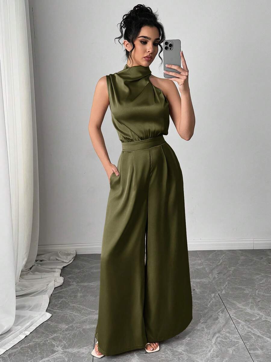 Firerie Women's Elegant Minimalist Sophisticated Fashion Commute Daily Wear Beige High Waist Asymmetrical Pleated Wide Leg Pants - Army Green - View 1
