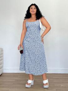 Solflare Plus Size Women Beach Vacation Outfits,White Ditsy Floral Green Strap Dress,Spring Summer Clothes Milkmaid Dress